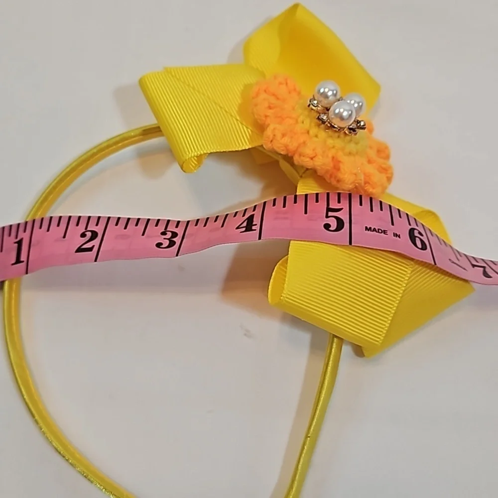 Hand Crafted yellow bow hairband hand crochet flower faux pearls beads floral